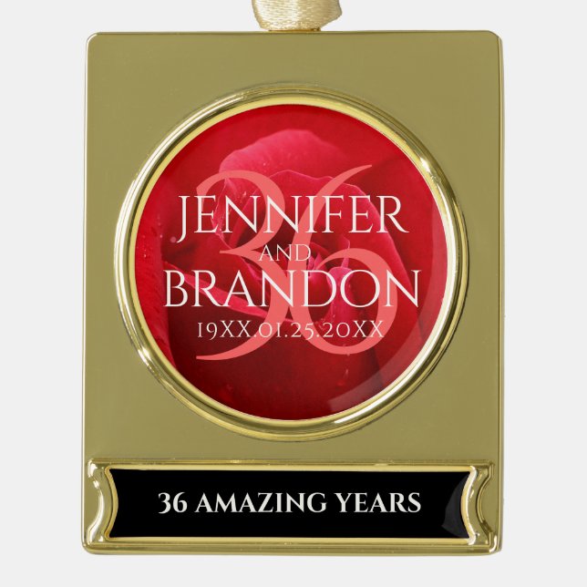 Adorno Con Rótulo Dorado Elegante celebración del 36° Aniversario Rosa Boda (Anverso)