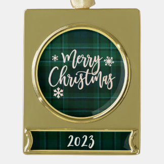Adorno Con Rótulo Dorado Feliz Navidad 2023 Green Plaid