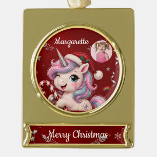 Adorno Con Rótulo Dorado Foto de niña de unicornio de Navidad bermellón lin