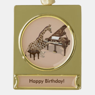 Adorno Con Rótulo Dorado Genius Giraffe Tocando Piano
