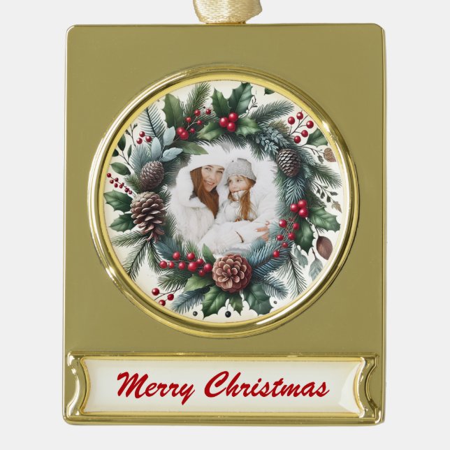 Adorno Con Rótulo Dorado Golden Wreath – Customizable Christmas Keepsake (Anverso)