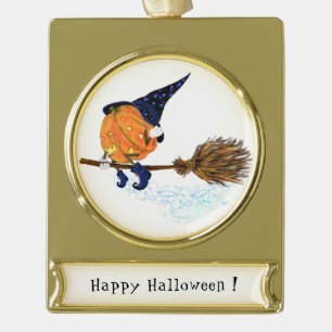 Adorno Con Rótulo Dorado Halloween Ornament Witch Pumpkin Flying Broom