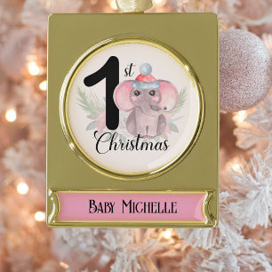 Adorno Con Rótulo Dorado Hermoso Elefante De Temporada Bebé Niña 1er Navida