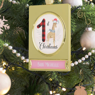 Adorno Con Rótulo Dorado Jirafa Estacional Bebé 1er Navidad Nombre Recuerdo
