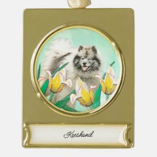 Adorno Con Rótulo Dorado Keeshond en tulipanes pintando arte original del p