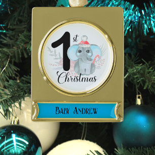 Adorno Con Rótulo Dorado Lindo Elefante Azul Niño Bebé 1er Navidad Recuerdo