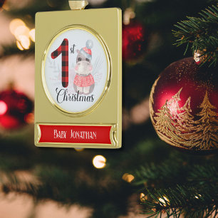 Adorno Con Rótulo Dorado Lindo Nombre de Hipopótamo Bebé de Plaid Navideño 