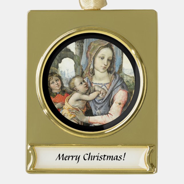 Adorno Con Rótulo Dorado Madonna Christ Child Saint Joseph y Angel (Anverso)