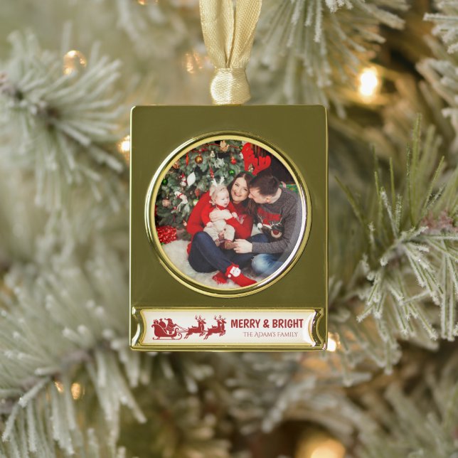 Adorno Con Rótulo Dorado Merry and Bright Santa Sleigh Christmas Photo  (Árbol)