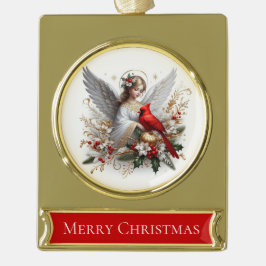 Adorno Con Rótulo Dorado Merry Christmas – Angel with Cardinal