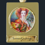 ADORNO CON RÓTULO DORADO MUJER ROMÁNTICA CON PELO DE PELO DE PELO DE PELO D<br><div class="desc">Elegante,  colorido,  elegante,  caprichoso diseño de colores vivos verde,  amarillo naranja,  verde azulado,  turquesa,  blanco. Hermosa y sofisticada mujer de la morena,  rojo,  verde brillante telas de oro de un traje barroco con plumas de pavo real. Original pintura acuarela con Relieve metalizado dorado y colores irrisorios</div>