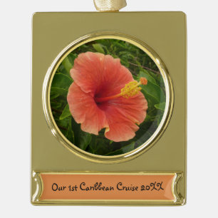 Adorno Con Rótulo Dorado Naranja Hibiscus Flower Tropical Floral