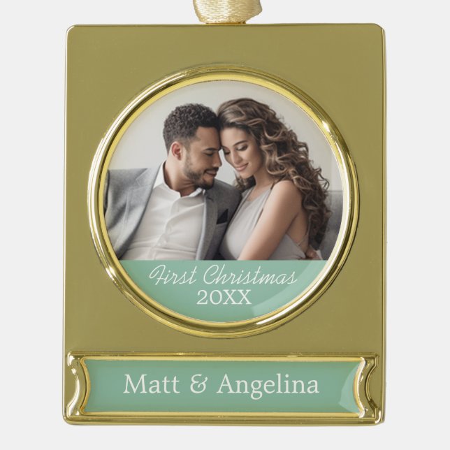 Adorno Con Rótulo Dorado Nuestra primera foto de Navidad - Boda o compromis (Anverso)