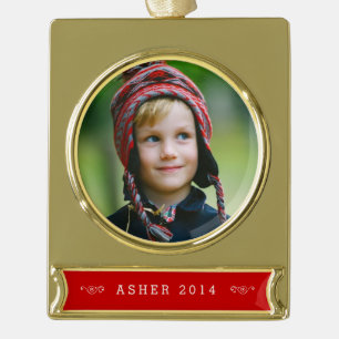 Adorno Con Rótulo Dorado Ornamento de fotos rojas y oro personalizado