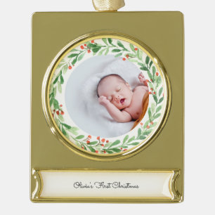 Adorno Con Rótulo Dorado Ornamento de la pancarta de la primera Navidad par