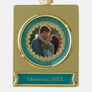 Adorno Con Rótulo Dorado Oro ornado elegante y foto Personalizado Verde azu