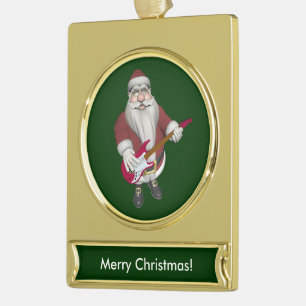 Adorno Con Rótulo Dorado Papá Noel Musical Con Guitarra Eléctrica Roja