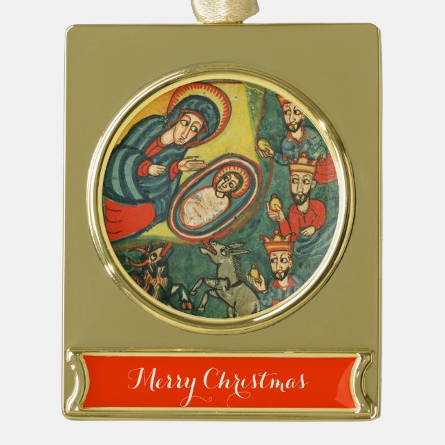 ADORNO CON RÓTULO DORADO PARQUE DE NATIVIDAD ANTIGUA , ADORACIÓN DE MAGI (Anverso)