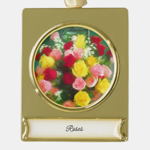Adorno Con Rótulo Dorado Pintado Rose Bouquet - Arte de Flor Original.