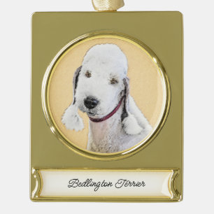 Adorno Con Rótulo Dorado Pintura de Bedlington Terrier - Original Perro Art