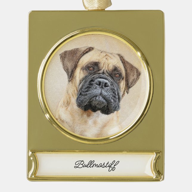 Adorno Con Rótulo Dorado Pintura de Bullmastiff - Arte de Perro Original. (Anverso)