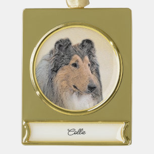 Adorno Con Rótulo Dorado Pintura de Collie (Rough) - Arte de Perro Original