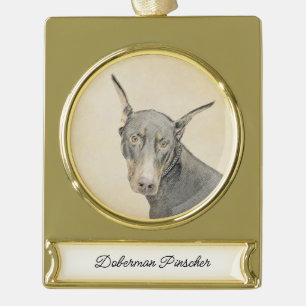 Adorno Con Rótulo Dorado Pintura de Doberman Pinscher - Arte original de pe