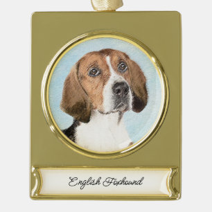Adorno Con Rótulo Dorado Pintura de Foxhound inglesa - Arte Perro Original