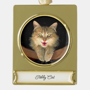 Adorno Con Rótulo Dorado Pintura de gato loco - Arte de gato original lindo