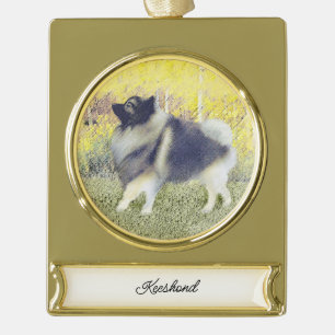 Adorno Con Rótulo Dorado Pintura de Keeshond Aspen - Arte Perro Original Cu