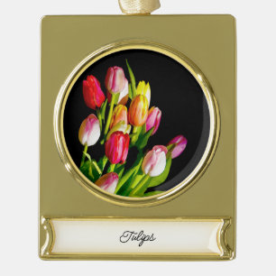 Adorno Con Rótulo Dorado Pintura de tulipán - Arte de flores original