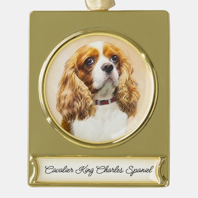 Adorno Con Rótulo Dorado Pintura original de Cavalier King Charles Spaniel (Anverso)