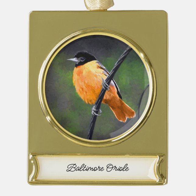 Adorno Con Rótulo Dorado Pintura Oriole - Arte original de aves (Anverso)