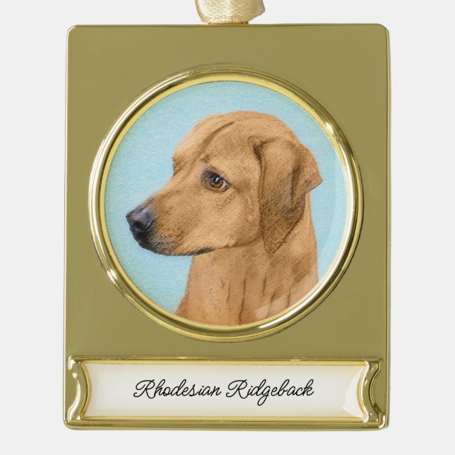 Adorno Con Rótulo Dorado Pintura Ridgeback Rhodesiana - Original Dog Art Go (Anverso)