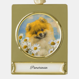 Adorno Con Rótulo Dorado Pomerania en pintura de Daisies - Arte de perro or