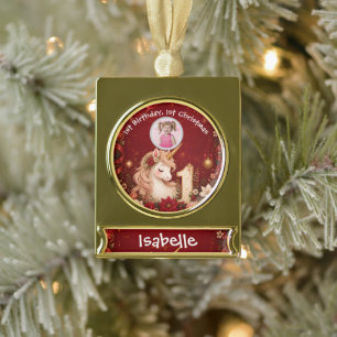 Adorno Con Rótulo Dorado Unicornio Carmesí Floral Cumpleaños 1 Navidad