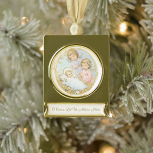 Adorno Con Rótulo Dorado Vintage Christmas Baby Jesus con Angels Pastel