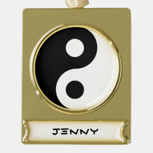Adorno Con Rótulo Dorado Yin Yang blanco y negro