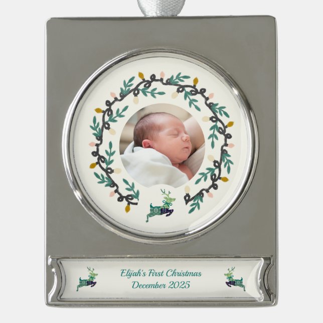 Adorno Con Rótulo Plateado 1st Christmas Deer with Wreath Teal Cream (Anverso)