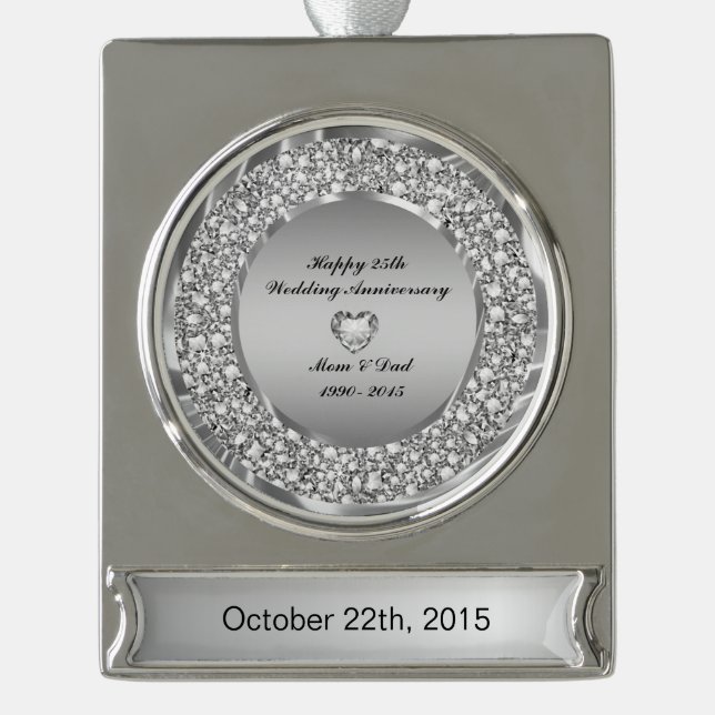 Adorno Con Rótulo Plateado 25° Aniversario Boda de los diamantes y la plata (Anverso)