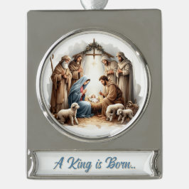 Adorno Con Rótulo Plateado A King Is Born – Nativity Banner Christmas Design