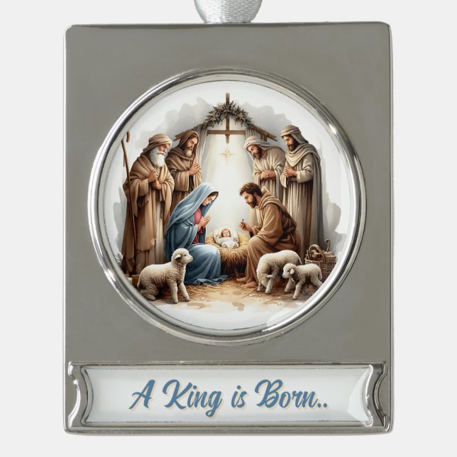 Adorno Con Rótulo Plateado A King Is Born – Nativity Banner Christmas Design (Anverso)