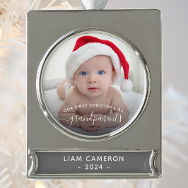 Adorno Con Rótulo Plateado Abuelos Primera foto de Navidad Guión blanco