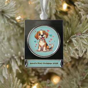 Adorno Con Rótulo Plateado Arte de perro juguetón adorable Beagle Kawaii con
