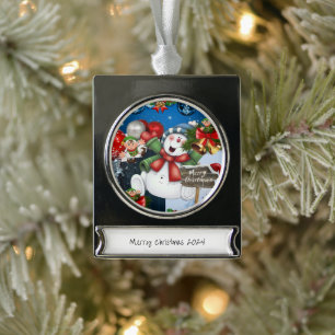 Adorno Con Rótulo Plateado Banner Ornament Snowman