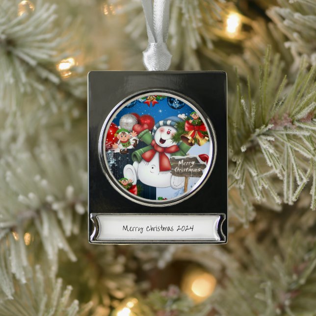 Adorno Con Rótulo Plateado Banner Ornament Snowman (Árbol)