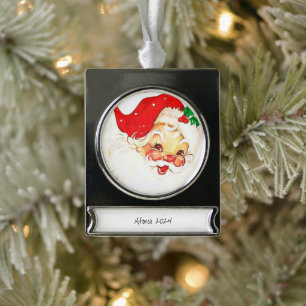 Adorno Con Rótulo Plateado Banner Ornament Vintage Santa Claus