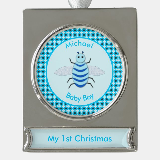 Adorno Con Rótulo Plateado Bebé azul lindo Personalizado primera Navidad (Anverso)