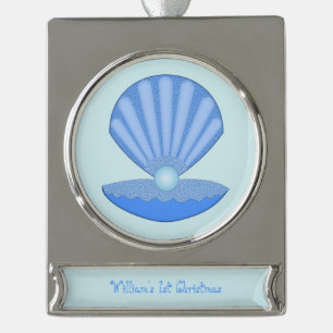 Adorno Con Rótulo Plateado Blue Baby Boy Oyster shell y Pearl Personalizado