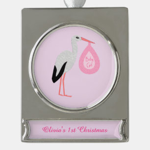 Adorno Con Rótulo Plateado Bonito Bebé Rosa Stork Primera Navidad